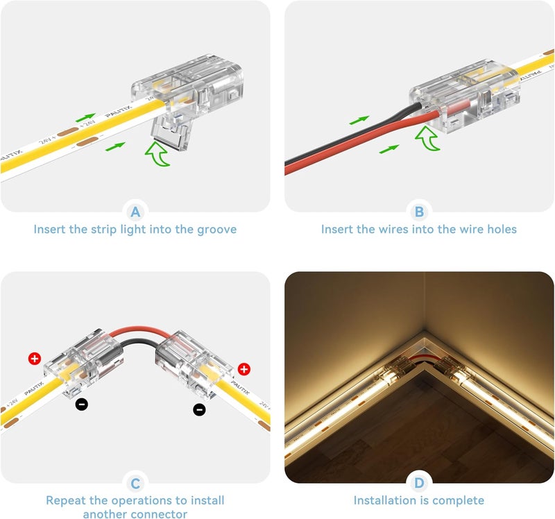 PAUTIX COB LED Connectors for 8mm 2-Pin COB LED Strip Lights,20pcs Strip to Wire Connectors,10ft(305cm) Long 22AWG Extension Wires for Non-Wired Gapless Solderless,5V 12V 24V 2835 LED Strip Lights - Image 5